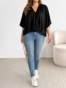 Shapeblank 春夏大码女装，时尚休闲宽松舒适日常基础款，百搭显瘦V领短袖上衣和黑色衬衫，女士衬衫，简约风格，夏季上衣，办公服饰 - 黑色 - 查看 5