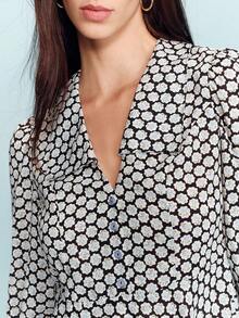 lacRébo Floral Print Long Sleeve Woven Mini Dress With Oversized Collar Vintage Style French Style Parisian Style - Black - View 3