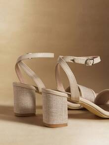 Rosivie Women's Casual Comfortable Chunky Mid-Heel Square Toe Sandals, Woven Fabric & PU Leather Dual-Tone Strap Design, Suitable For Daily Wear, Parties, Boho, Western, Music Festivals Valentine's Day - Beige - View 5