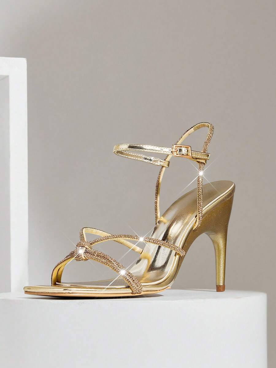 SHUZIA Women's Elegant Minimalist Square Toe Rhinestone Ankle Strap Stiletto Heel Sandals - Gold - View 1