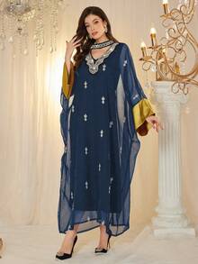 Layrah Women's Elegant Pearl Embroidered Floral Patchwork Contrast Color Luxurious Dress - Royal Blue - View 7