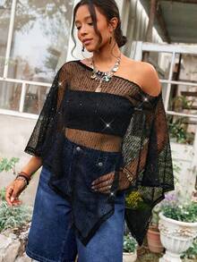 Freevana Plus Size Women Solid Color Batwing Sleeve Loose Sheer Fashionable Blouse, Summer Tops - Black - View 3