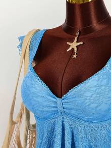 Amplova 女士褶皱前片修身性感网纱拼接短袖露背休闲度假短款背心 - 藍色 - 查看 7