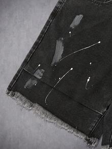 Manfinity Denimwave Men's Summer Black Fringe Hem Distressed Loose Denim Shorts - Black - View 5