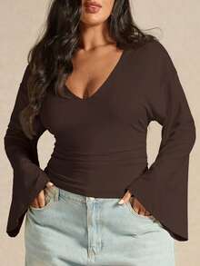 SHEIN BAE Plus Size Women's Apricot V-Neck Bell Sleeve Knit Top - Coffee Brown - View 4