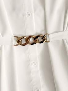 GlowEve Spring/Summer New Casual Chic Commuter High-End Elegant Minimalist Fitted Metal Waist Belt Tie Collar Button Curved Hem Sleeveless Women Blouse - White - View 5