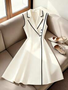 GlowEve Women's Elegant Commuter Minimalist Elegant Contrast Trim Button Collar Sleeveless Fitted Dress, Summer - Apricot - View 1