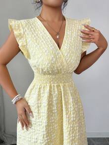 Elenzga 女士优雅纹理V领收腰A字长连衣裙，泡泡袖，浅黄色，春夏款 - 黃色 - 查看 4