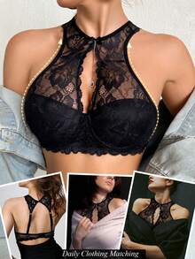 DesireSculpt 1pc Women's Underwear Black Lace Sexy Racerback Bra With Underwire - Black - View 1