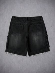 Manfinity Denimwave 男士黑色休闲宽松阔腿牛仔短裤，夏季街头风 - 黑色 - 查看 2