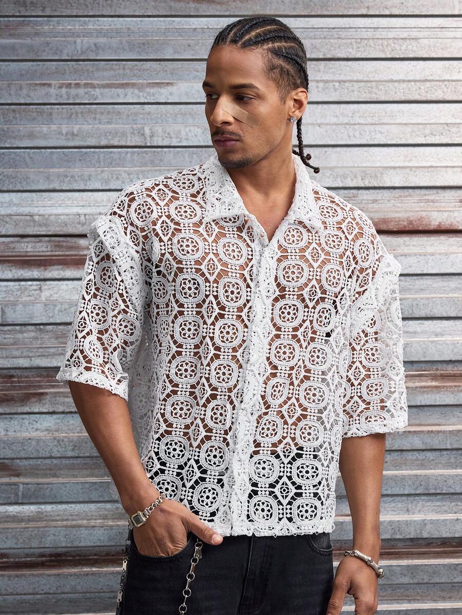 AXEPEAK Men's Hollow Out Short Sleeve Single-Breasted Fashionable Shirt