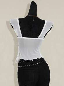 SHEIN ICON 女士褶皱前片修身性感网纱拼接短袖露背休闲度假短款背心 - 白色 - 查看 2