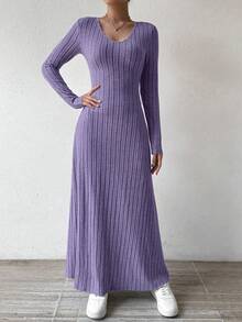 SHEIN Raffinéa 纯色V领针织抓绒长袖A字连衣裙女装 - 紫色 - 查看 4