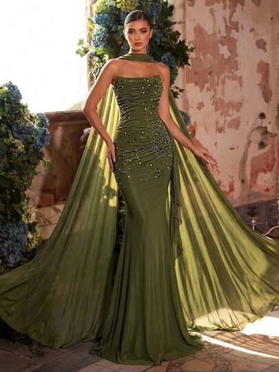 Glamrae Vestido elegante con escote halter elástico, fruncido y con cuentas de strass, adecuado para bodas, fiestas, vacaciones, bailes y eventos formales