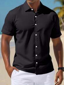 2pcs Men's Solid Color Short Sleeve Shirt Collar Button Front Shirt & Shorts Casual Set - Black and White - View 3