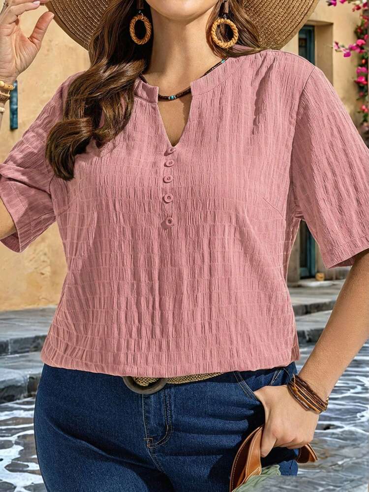 Plus Size Summer Casual Solid Color Notched Neck Shirt
