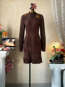 INAWLY Dark Brown,Autumn,Elegant,Dinner Date Caramel Starfish Embroidered Stand Collar Long Sleeve Waist Cinched Dress,Pleated Textured Vintage Style - Khaki - View 1