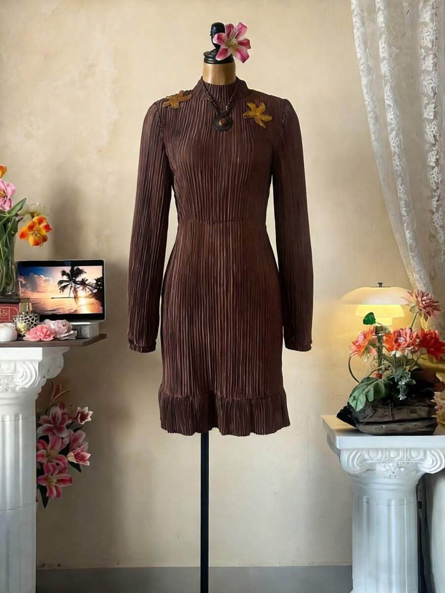 INAWLY Dark Brown,Autumn,Elegant,Dinner Date Caramel Starfish Embroidered Stand Collar Long Sleeve Waist Cinched Dress,Pleated Textured Vintage Style - Khaki - View 1
