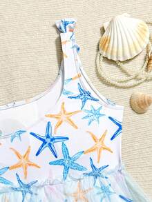 1pc Tween Girls Starfish Print One-Piece Swimsuit - Multicolor - View 5
