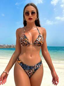 Swim Vcay 4pcs/Set 2026 New Women Random Print Triangle Bikini Top, Mesh Mini Skirt, Hat, Beach Vacation Casual Sexy Bikini Set Set - Multicolor - View 5