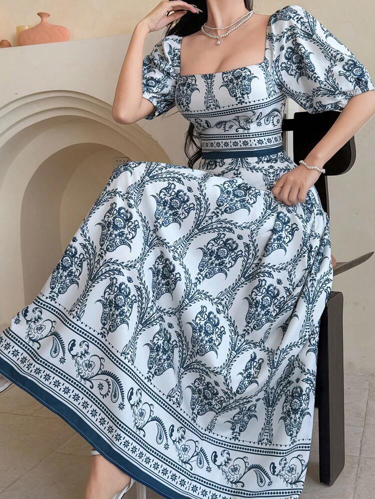 Women's Elegant Floral Print Square Neck Blouse And Skirt 2-Piece Set, Summer,Wedding Guest Dress Women
