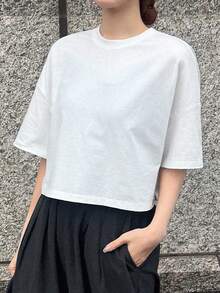 FRIFUL Áo thun nữ tay ngắn cổ tròn dáng rộng, thiết kế nơ buộc sau lưng, thích hợp cho mùa hè. - trắng - Xem 2