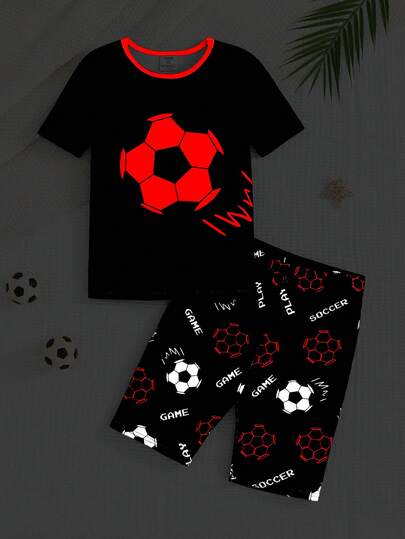 SHEIN 两件套男童修身黑色和红色荧光足球图案圆领短袖上衣和短裤休闲舒适睡衣套装