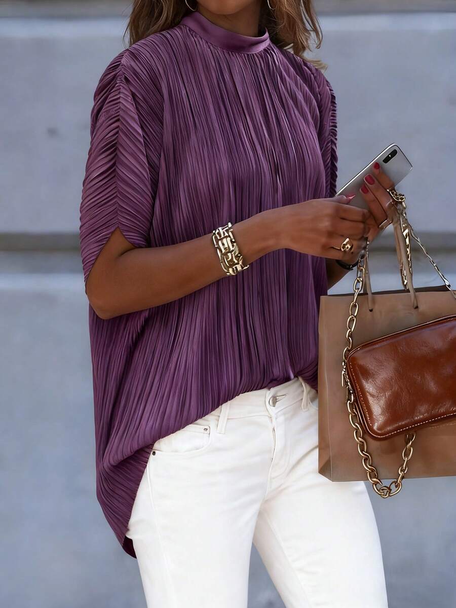 Louniche Women's Standard Collar Tie-Up Batwing Sleeve Pleated Loose Casual Shirt, Spring/Summer