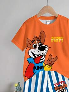 SHEIN 2 piezas Conjunto de camiseta casual y pantalones a rayas para niño, camiseta con estampado de perrito lindo, pantalones con patrón a rayas azul y blanco, adecuado para el verano - Multicolor - Ver 4