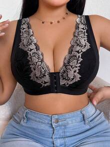 DesireSculpt 1pc Plus Size Wireless Lace Patchwork Front Closure Casual Comfortable Bra - Black - View 8