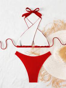 Swim SXY 2 bộ đồ bơi mùa hè dành cho nữ, màu trơn, kiểu buộc dây phía sau, chất liệu dệt kim. - Đỏ - Xem 5