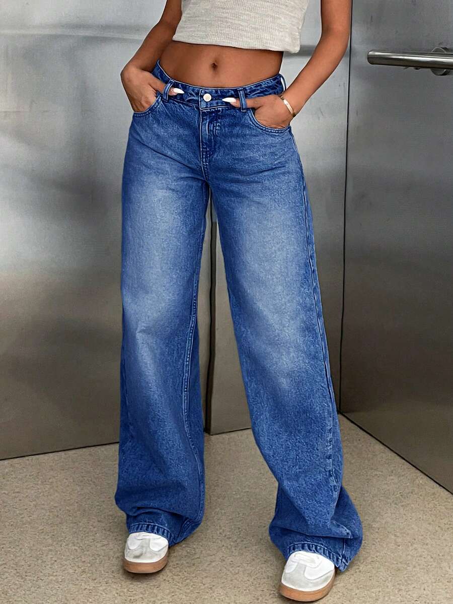 EURMUSE 100% Cotton LOW RISE WIDELEG CUT VINTAGE WASH Y2K STYLE JEAN - Medium Wash - View 1