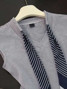 GlowEve Women's Summer Knitted Elastic Fitted V-Neck Drawstring Scarf Attached Shoulder Short Sleeve Hooded Casual Elegant T-Shirt - Grey - View 4