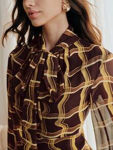 都市时尚不对称格纹印花长袖蝴蝶结腰身连衣裙（女款） - 彩色 - 查看 8