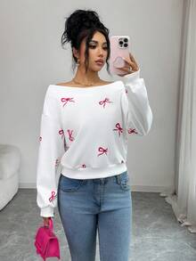 Selianne Elegant & Romantic Off Shoulder Long Sleeve Sweatshirt, Suitable For Vacation, Commute, And Everyday Wear - White - View 1
