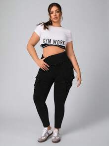 Flexra 大码女式高腰工装口袋紧身休闲牛仔裤 - 黑色 - 查看 5