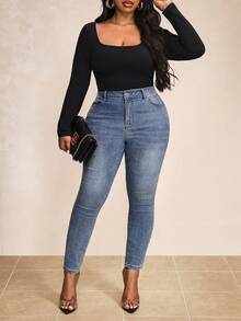 Truni Plus Ribbed Knit Bodysuit Spring Clothes, For Winter, For Pear & Triangle Body Shape - Black - View 6