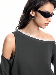 Airlisse Women's Fashionable Lace Asymmetric Tie-Up Loose Shoulder Contrast Color Long Sleeve Sweatshirt, Spring/Summer Y2K - Grey - View 3