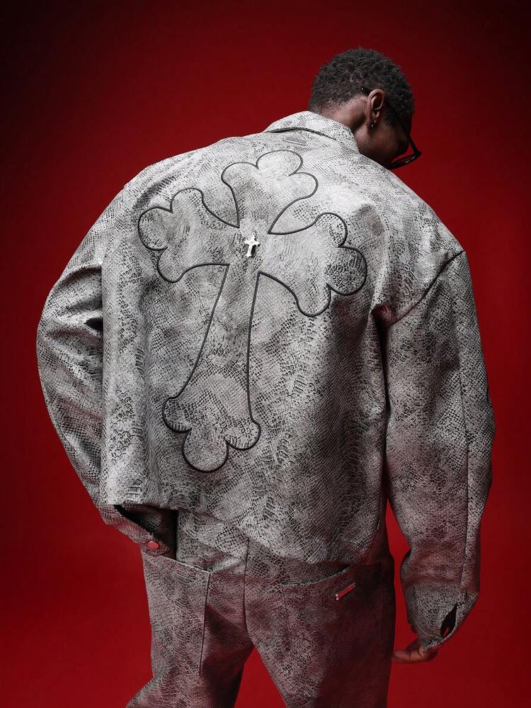 Cropped Harrington Jacket With Snake Print And Cross Applique