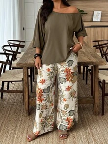 Weeklong Plus Size 2-Piece Set: Solid Color Asymmetrical Shoulder Top & Random Print Casual Pants, Vacation Style Fall - Multicolor - View 3