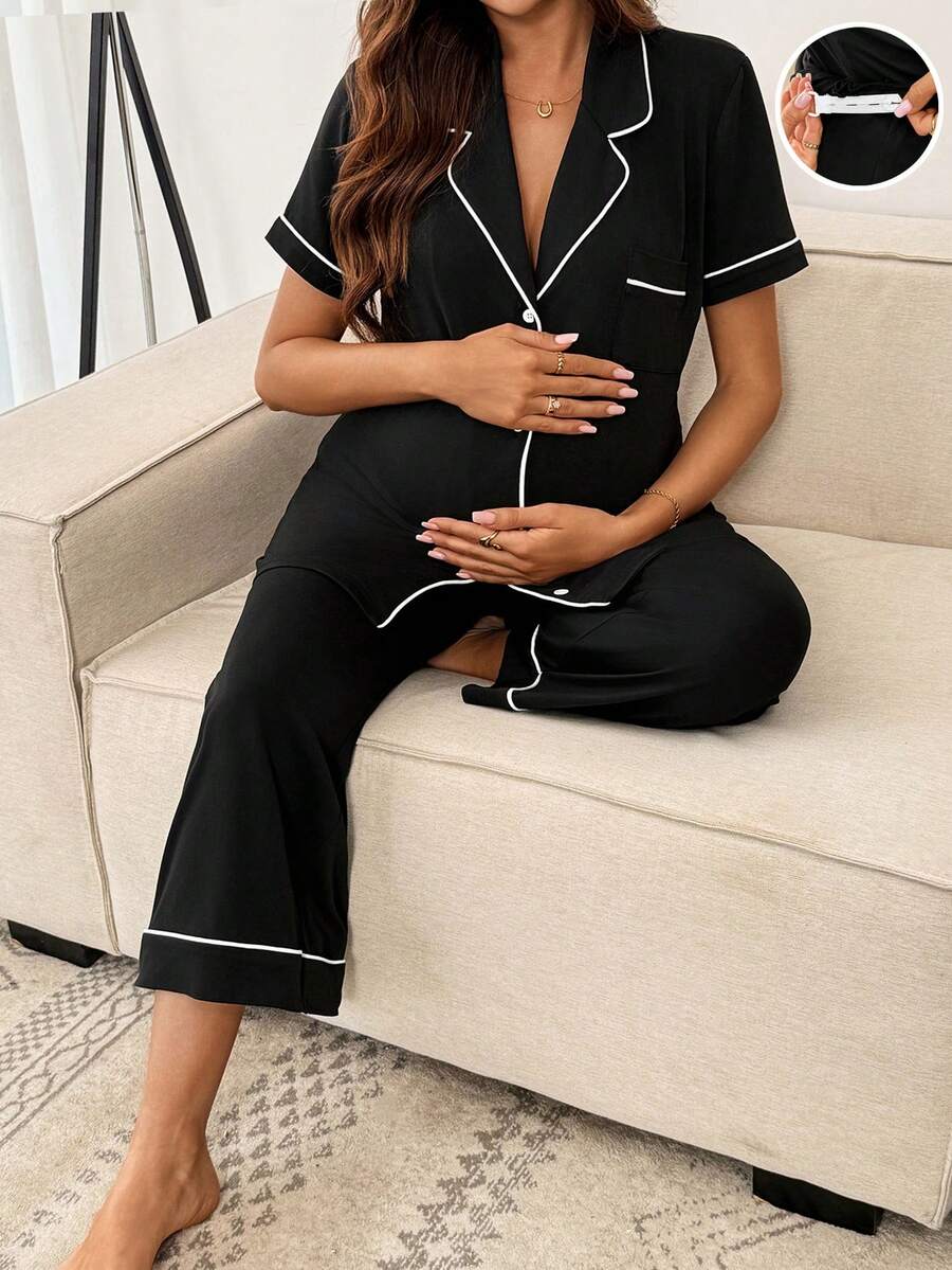 SHEIN 两件套孕妇毛边领单排扣短袖衬衫和可调节腰围休闲裤套装 - 黑色 - 查看 1