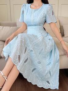 DAZY 女士优雅花卉蕾丝圆领泡泡袖中长连衣裙，夏季婚礼宾客礼服 - 藍色 - 查看 7