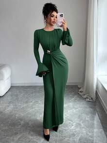 Elenzga Đầm xòe tay bồng thanh lịch dành cho nữ, trang trí kim loại, thích hợp cho mùa thu. - màu xanh lá - Xem 5