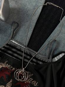 Attitoon 休闲复古朋克 Y2K 百搭派对机场装，做旧花卉英式印花图案，舒适女式撞色二合一不对称肩带条纹修身短袖T恤，颓废风格，适合秋冬季穿着 - 彩色 - 查看 5