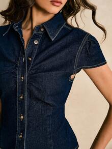 Poéselle Women's Casual Front Button Denim Blouse, Summer - Blue - View 5