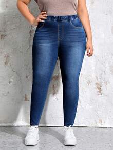 EMERY ROSE Plus Size Elastic Waist Multi-Pocket Jeans, Casual Daily Wear Elegant - Dark Wash - View 5