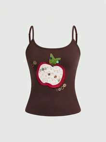 ROMWE Avant 女士复古百搭多功能苹果贴花刺绣花卉纽扣装饰吊带背心 - 棕色 - 查看 1