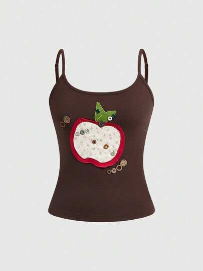 ROMWE Avant Damen Vintage Allround vielseitige Apfel Applikation bestickte Blumen Knopf Dekor Trägerhemd