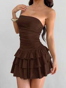 SHEIN EZwear Coffee Brown Strapless Mini Dress For Women Sleeveless Knitted Fabric With Tiered Layer Hem Casual Style Tiered Ruffle Dress Chocolate Brown Dress Strapless Brown Dress Brown Sundress Brown Summer Dress Sexy Brown Dress Coffee Brown Dress - Coffee Brown - View 5