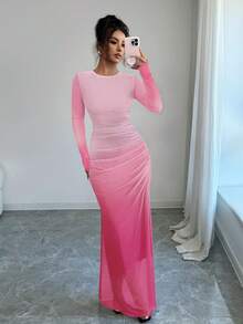 SHEIN Raffinéa Đầm ôm sát dài tay bằng vải lưới xuyên thấu, kiểu ombre, xếp ly, thích hợp mặc hàng ngày đi biển, ở nhà, công sở. - Màu Hồng  San hô - Xem 6